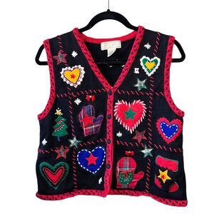 VTG Studio Works Ugly Christmas Sweater Vest Women Medium Heart 90's Embroidered